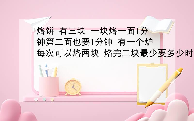 烙饼 有三块 一块烙一面1分钟第二面也要1分钟 有一个炉每次可以烙两块 烙完三块最少要多少时间?