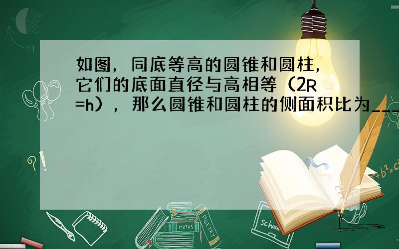 如图，同底等高的圆锥和圆柱，它们的底面直径与高相等（2R=h），那么圆锥和圆柱的侧面积比为______．