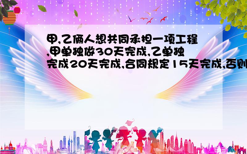 甲,乙俩人想共同承担一项工程,甲单独做30天完成,乙单独完成20天完成,合同规定15天完成,否则每超过1天