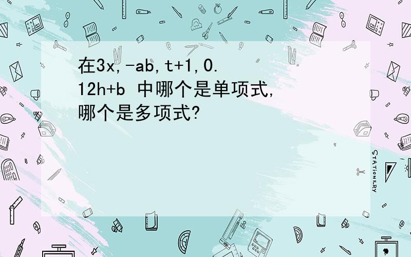 在3x,-ab,t+1,0.12h+b 中哪个是单项式,哪个是多项式?