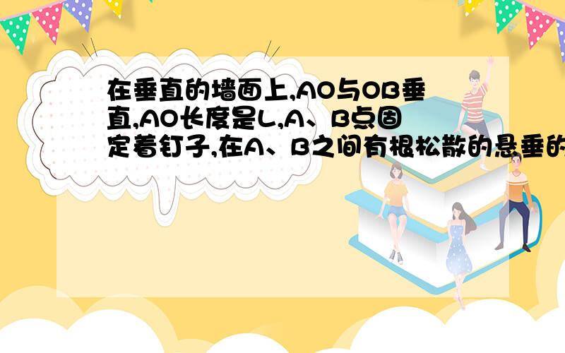 在垂直的墙面上,AO与OB垂直,AO长度是L,A、B点固定着钉子,在A、B之间有根松散的悬垂的绳子,这根绳子是质量为0的