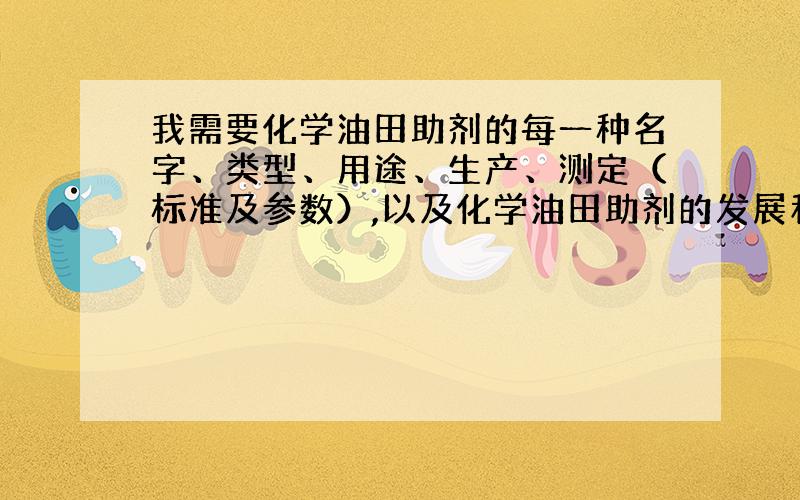 我需要化学油田助剂的每一种名字、类型、用途、生产、测定（标准及参数）,以及化学油田助剂的发展和现状