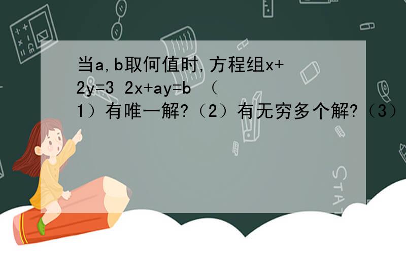 当a,b取何值时,方程组x+2y=3 2x+ay=b （1）有唯一解?（2）有无穷多个解?（3）无解?