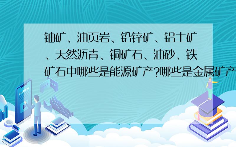 铀矿、油页岩、铅锌矿、铝土矿、天然沥青、铜矿石、油砂、铁矿石中哪些是能源矿产?哪些是金属矿产?