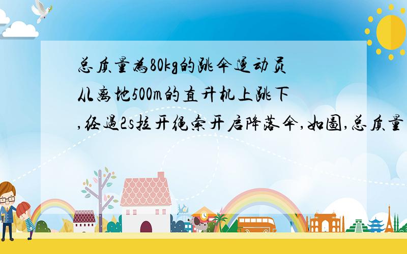 总质量为80kg的跳伞运动员从离地500m的直升机上跳下,经过2s拉开绳索开启降落伞,如图,总质量