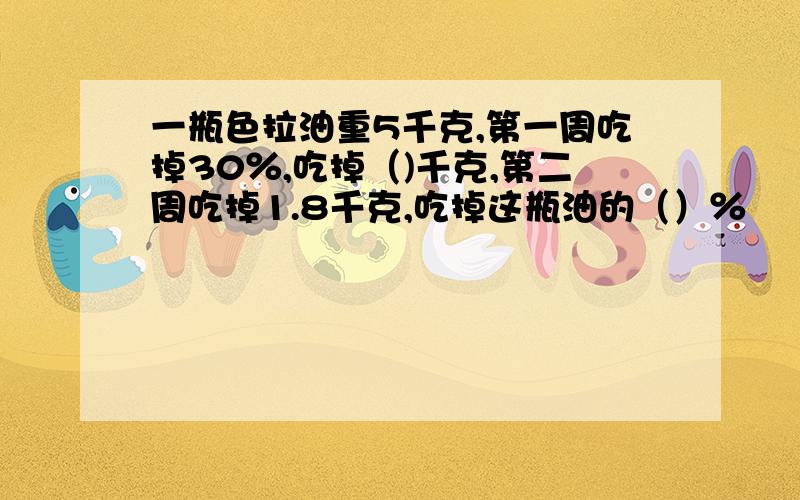 一瓶色拉油重5千克,第一周吃掉30％,吃掉（)千克,第二周吃掉1.8千克,吃掉这瓶油的（）％