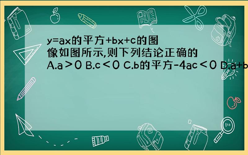 y=ax的平方+bx+c的图像如图所示,则下列结论正确的A.a＞0 B.c＜0 C.b的平方-4ac＜0 D.a+b+c