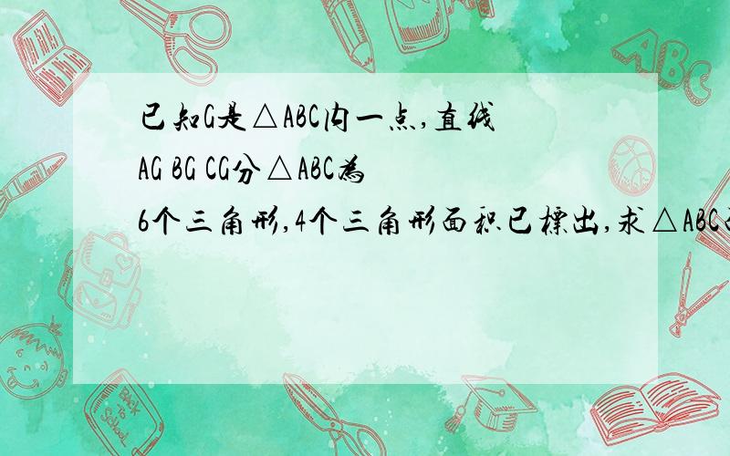 已知G是△ABC内一点,直线AG BG CG分△ABC为6个三角形,4个三角形面积已标出,求△ABC面积