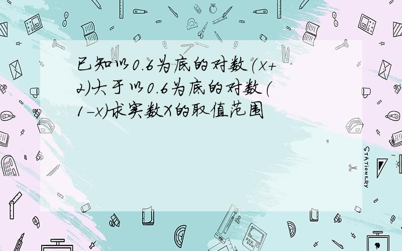 已知以0.6为底的对数(x+2)大于以0.6为底的对数(1-x)求实数X的取值范围