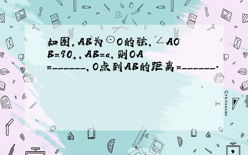 如图，AB为⊙O的弦，∠AOB=90°，AB=a，则OA=______，O点到AB的距离=______．