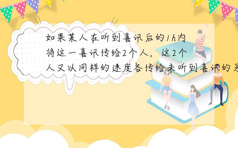 如果某人在听到喜讯后的1h内将这一喜讯传给2个人，这2个人又以同样的速度各传给未听到喜讯的另2人…如果每人只传2人，这样