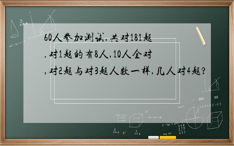 60人参加测试,共对181题.对1题的有8人,10人全对,对2题与对3题人数一样,几人对4题?