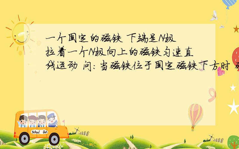 一个固定的磁铁 下端是N极 拉着一个N极向上的磁铁匀速直线运动 问：当磁铁位于固定磁铁下方时 磁铁运动状态