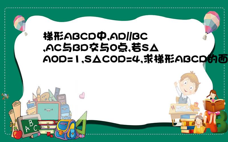 梯形ABCD中,AD//BC,AC与BD交与O点,若S△AOD=1,S△COD=4,求梯形ABCD的面积.