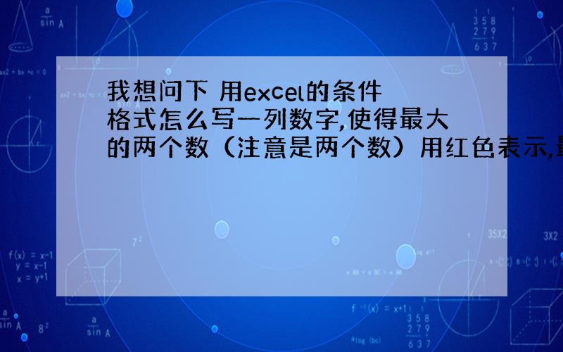 我想问下 用excel的条件格式怎么写一列数字,使得最大的两个数（注意是两个数）用红色表示,最小值用蓝色