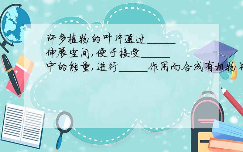 许多植物的叶片通过_____伸展空间,便于接受_____中的能量,进行_____作用而合成有机物并释放_____.