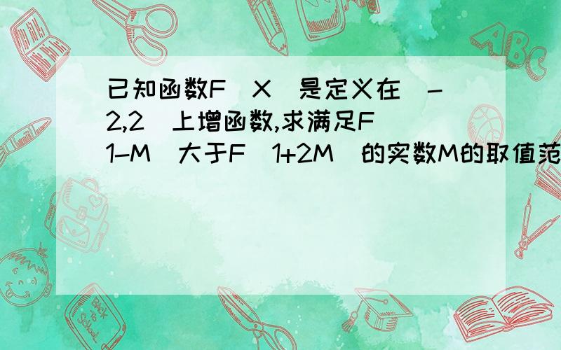 已知函数F(X)是定义在[-2,2]上增函数,求满足F（1-M）大于F（1+2M）的实数M的取值范围