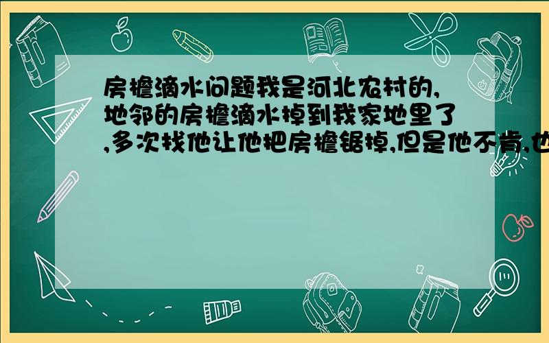 房檐滴水问题我是河北农村的,地邻的房檐滴水掉到我家地里了,多次找他让他把房檐锯掉,但是他不肯,也不给个说法,我们就在他厂