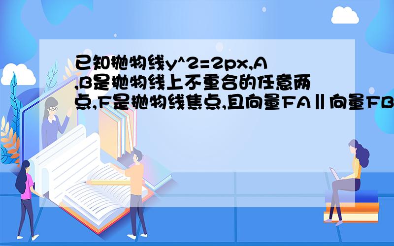 已知抛物线y^2=2px,A,B是抛物线上不重合的任意两点,F是抛物线焦点,且向量FA‖向量FB,向量OM=向量OA+向