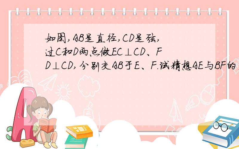 如图,AB是直径,CD是弦,过C和D两点做EC⊥CD、FD⊥CD,分别交AB于E、F.试猜想AE与BF的关系.并说明理由