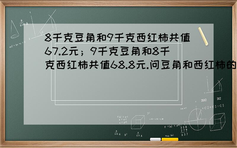 8千克豆角和9千克西红柿共值67.2元；9千克豆角和8千克西红柿共值68.8元.问豆角和西红柿的单价各是多少?