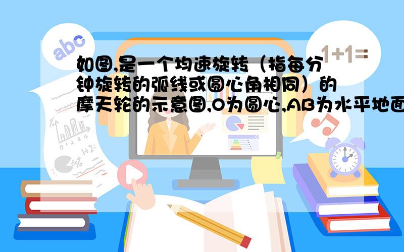 如图,是一个均速旋转（指每分钟旋转的弧线或圆心角相同）的摩天轮的示意图,O为圆心,AB为水平地面