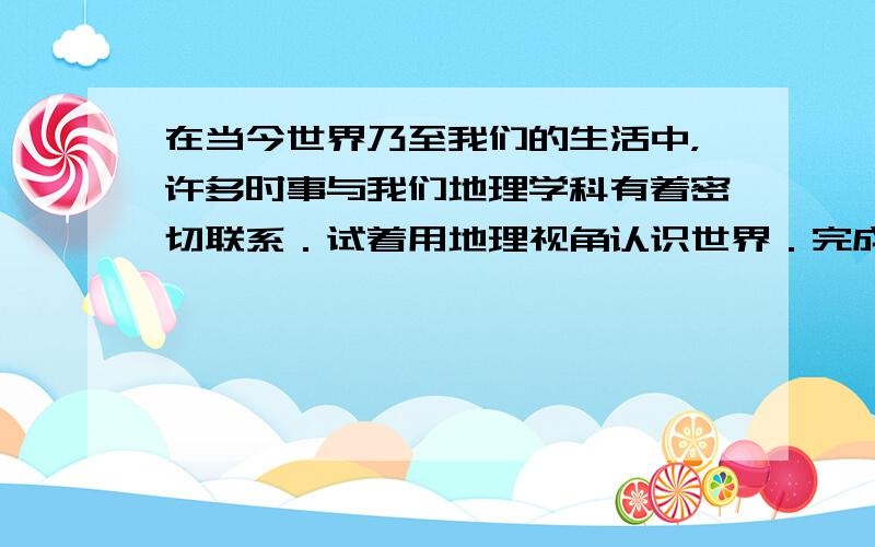 在当今世界乃至我们的生活中，许多时事与我们地理学科有着密切联系．试着用地理视角认识世界．完成19～21题．