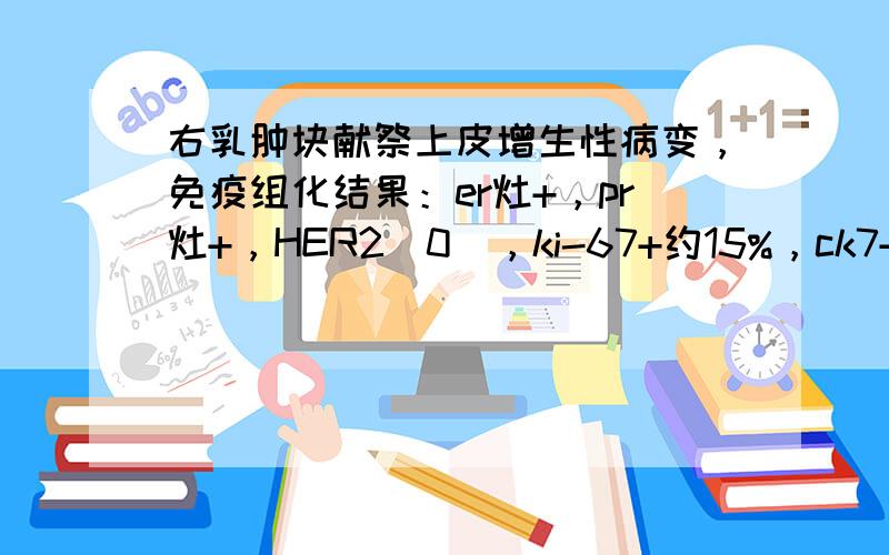 右乳肿块献祭上皮增生性病变，免疫组化结果：er灶+，pr灶+，HER2（0），ki-67+约15%，ck7+，ck5/6