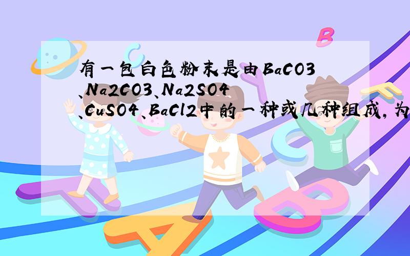 有一包白色粉末是由BaCO3、Na2CO3、Na2SO4、CuSO4、BaCl2中的一种或几种组成，为了确定其组成，进行