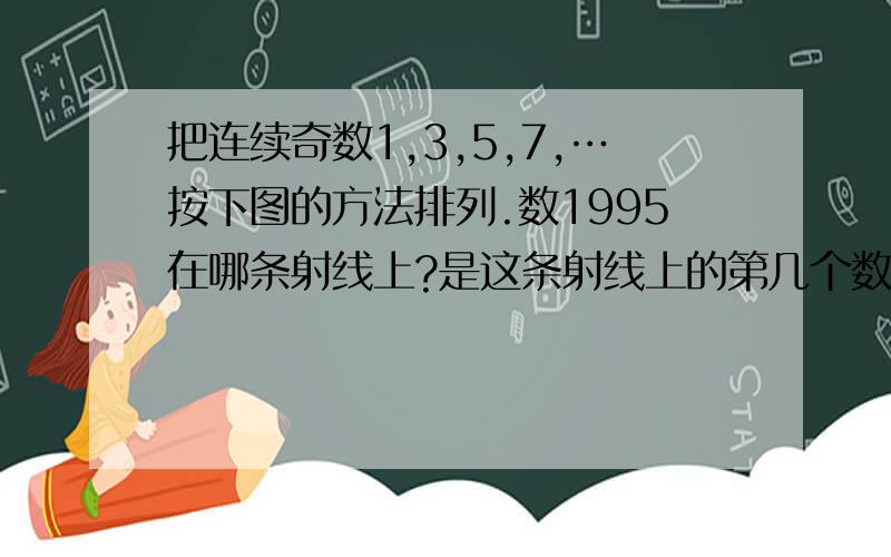 把连续奇数1,3,5,7,…按下图的方法排列.数1995在哪条射线上?是这条射线上的第几个数?