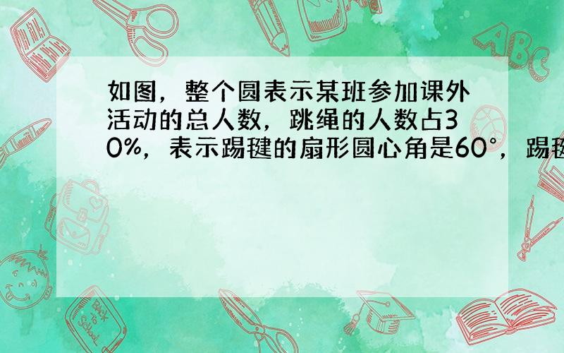 如图，整个圆表示某班参加课外活动的总人数，跳绳的人数占30%，表示踢毽的扇形圆心角是60°，踢毽和打篮球的人数比是1：2