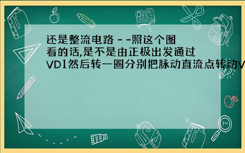 还是整流电路 - -照这个图看的话,是不是由正极出发通过VD1然后转一圈分别把脉动直流点转动VD2和VD4上.VD2通过