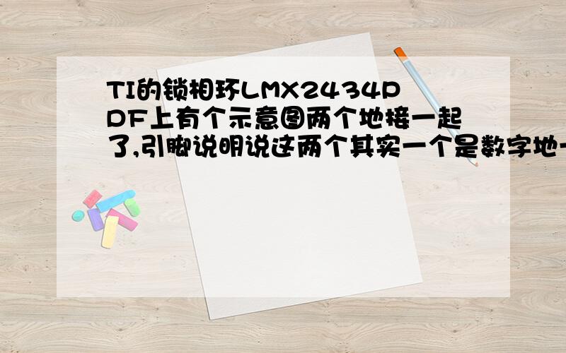 TI的锁相环LMX2434PDF上有个示意图两个地接一起了,引脚说明说这两个其实一个是数字地一个是模拟地