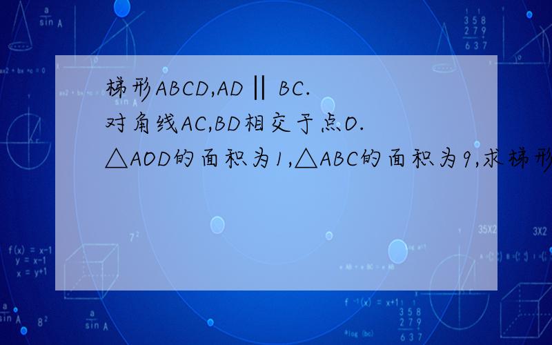 梯形ABCD,AD ‖BC.对角线AC,BD相交于点O.△AOD的面积为1,△ABC的面积为9,求梯形面积