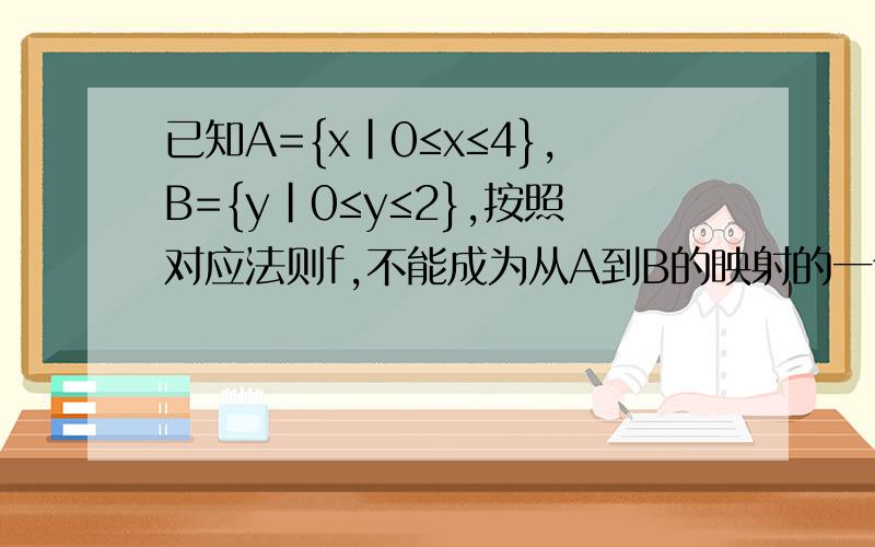 已知A={x|0≤x≤4},B={y|0≤y≤2},按照对应法则f,不能成为从A到B的映射的一个是（）A.f:x→y=1