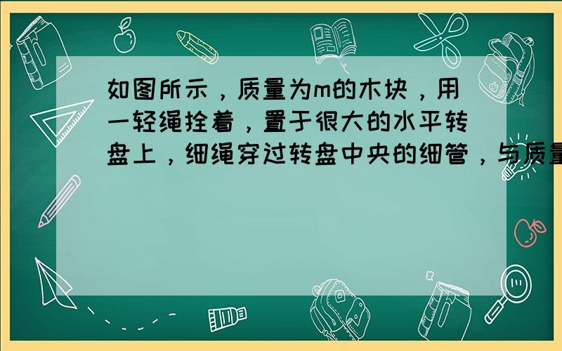 如图所示，质量为m的木块，用一轻绳拴着，置于很大的水平转盘上，细绳穿过转盘中央的细管，与质量也为m的小球相连，木块与转盘