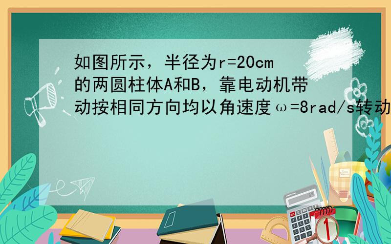 如图所示，半径为r=20cm的两圆柱体A和B，靠电动机带动按相同方向均以角速度ω=8rad/s转动，两圆柱体的转动轴互相