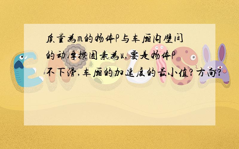 质量为m的物体P与车厢内壁间的动摩擦因素为u,要是物体P不下滑,车厢的加速度的最小值?方向?