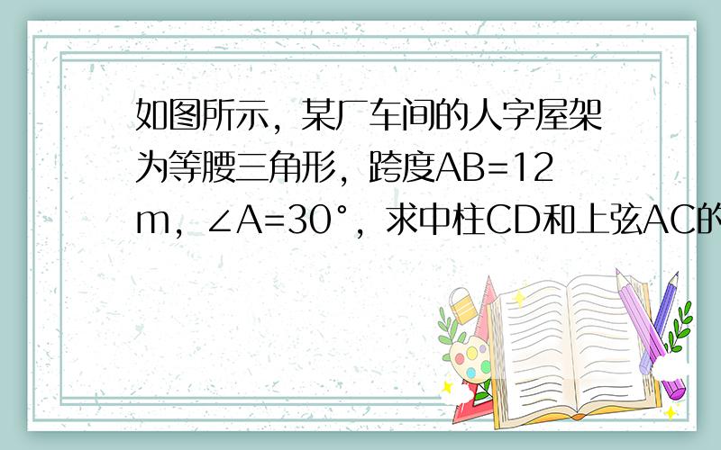 如图所示，某厂车间的人字屋架为等腰三角形，跨度AB=12m，∠A=30°，求中柱CD和上弦AC的长．