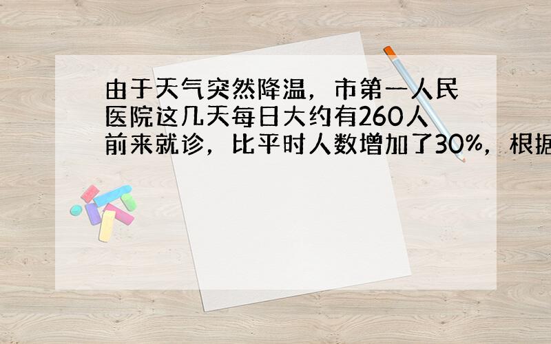 由于天气突然降温，市第一人民医院这几天每日大约有260人前来就诊，比平时人数增加了30%，根据这条新闻，你能算出平时每天