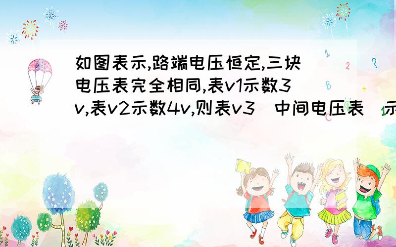 如图表示,路端电压恒定,三块电压表完全相同,表v1示数3v,表v2示数4v,则表v3（中间电压表）示数为?