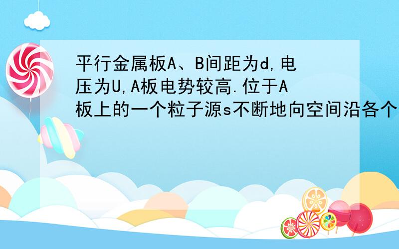 平行金属板A、B间距为d,电压为U,A板电势较高.位于A板上的一个粒子源s不断地向空间沿各个方向发出带正电的