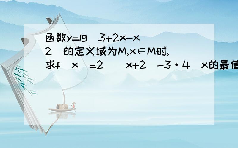 函数y=lg(3+2x-x^2)的定义域为M,x∈M时,求f(x)=2^(x+2)-3·4^x的最值