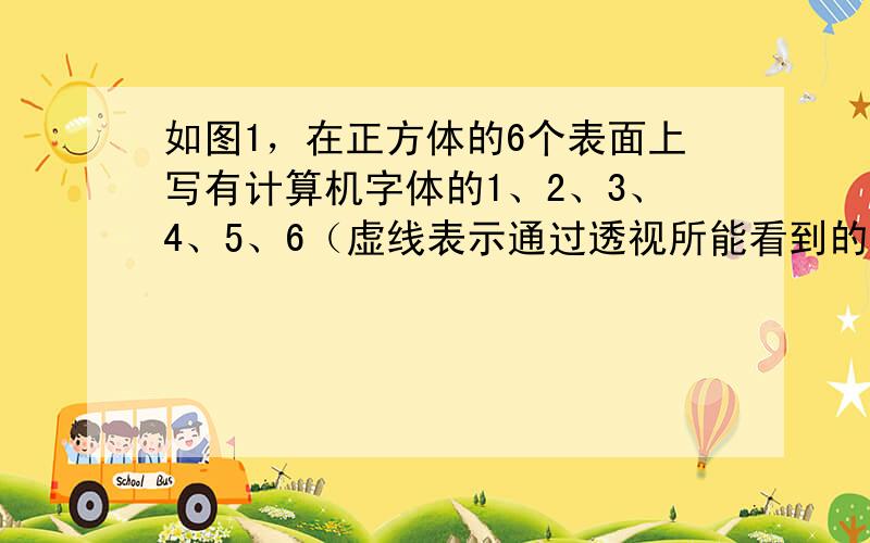 如图1，在正方体的6个表面上写有计算机字体的1、2、3、4、5、6（虚线表示通过透视所能看到的情况）．现在将这个正方体剪