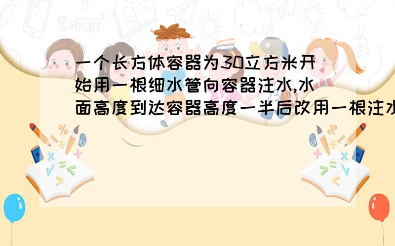 一个长方体容器为30立方米开始用一根细水管向容器注水,水面高度到达容器高度一半后改用一根注水速度为细