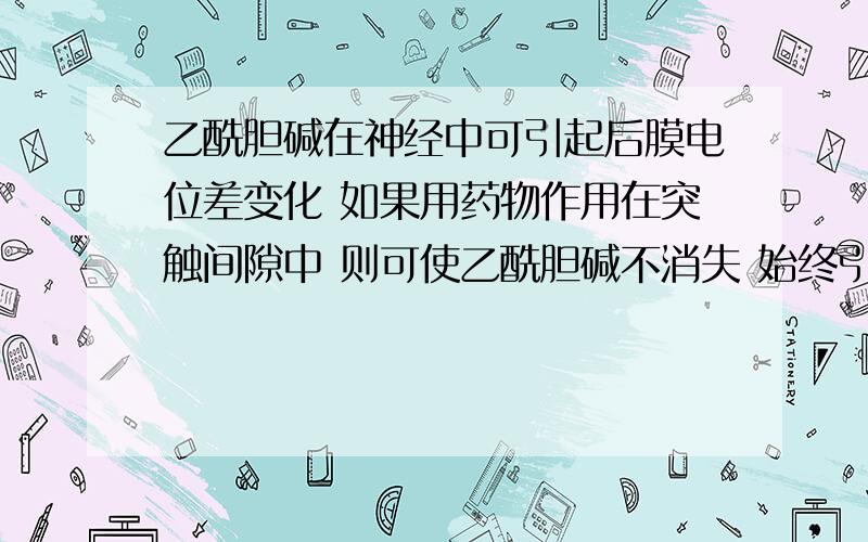 乙酰胆碱在神经中可引起后膜电位差变化 如果用药物作用在突触间隙中 则可使乙酰胆碱不消失 始终引起后膜电位差变化 如果让产