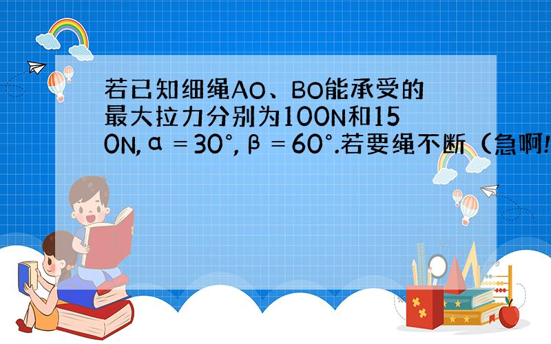 若已知细绳AO、BO能承受的最大拉力分别为100N和150N,α＝30°,β＝60°.若要绳不断（急啊!）