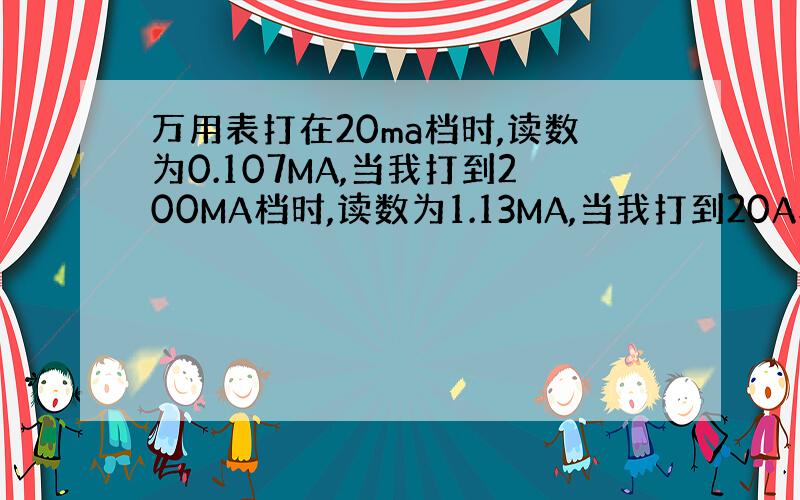 万用表打在20ma档时,读数为0.107MA,当我打到200MA档时,读数为1.13MA,当我打到20A档时,读数是0.