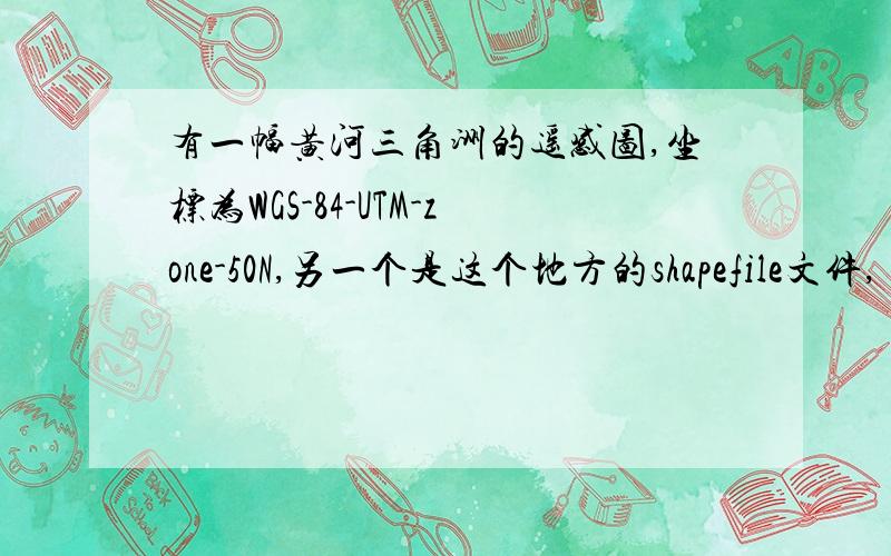 有一幅黄河三角洲的遥感图,坐标为WGS-84-UTM-zone-50N,另一个是这个地方的shapefile文件,