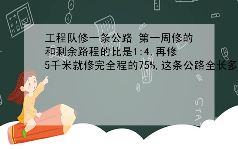 工程队修一条公路 第一周修的和剩余路程的比是1:4,再修5千米就修完全程的75%,这条公路全长多少千米?